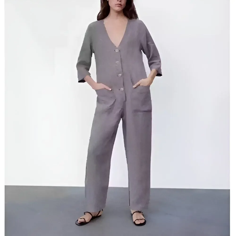 Zara Womens Boho Beachy Lillian 3/4 Sleeve Straight Leg 100% Jumpsuit Small Gray